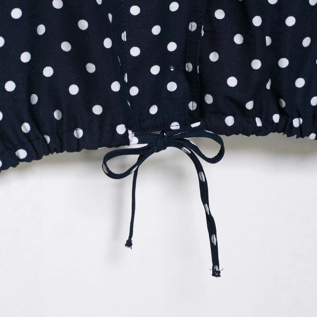 Women's Polka Dot Cropped Blouse Jacket with Stand Collar, Drawstring and Side Pockets Mune Fashion