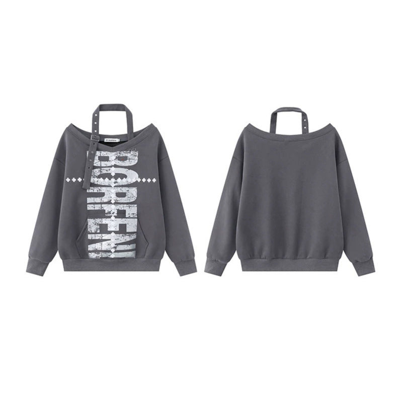 Women's cotton blend sweater with removable neck strap, kangaroo pocket and distressed logo print Mune Fashion