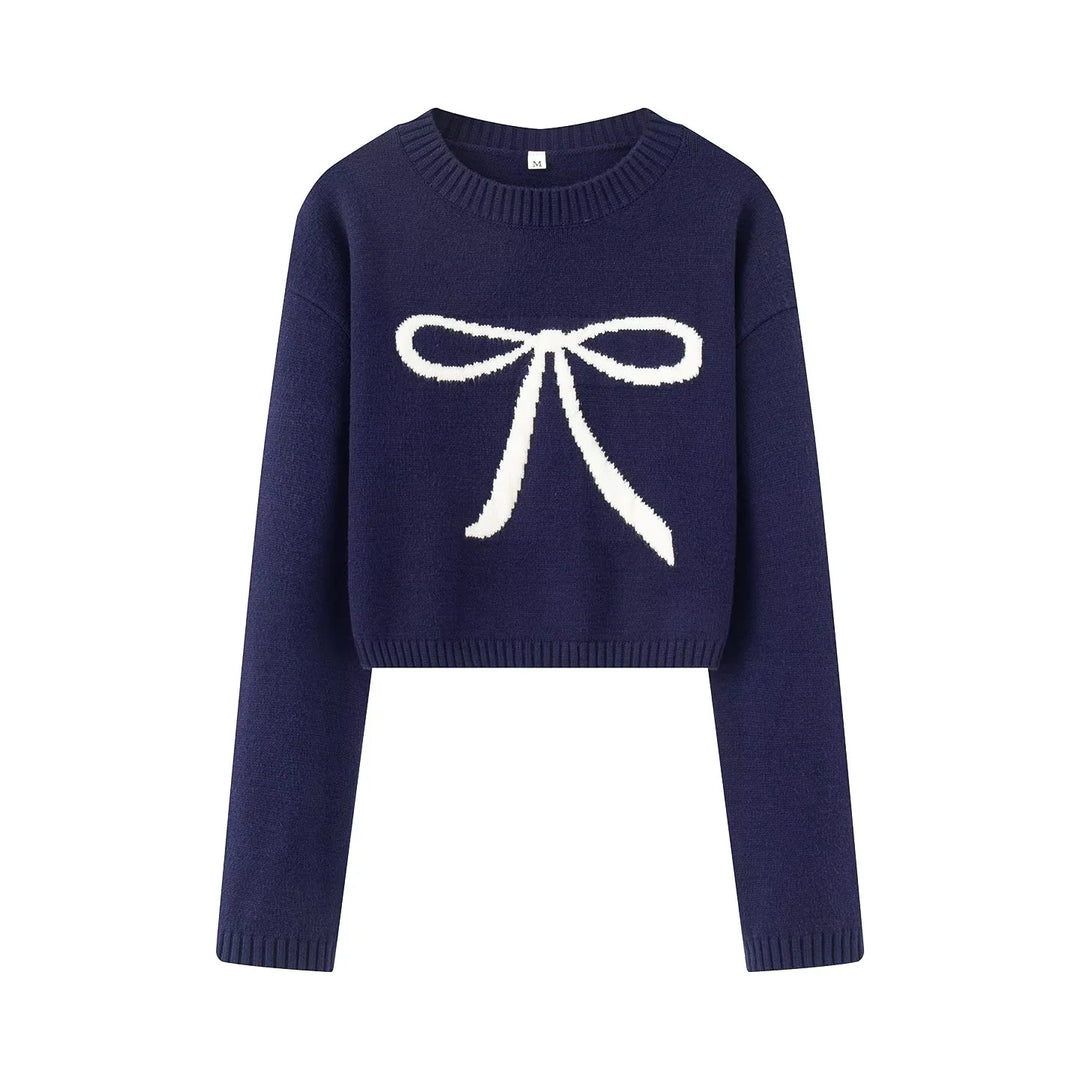 Women's short cut knitted sweater with intarsia bow motif Mune Fashion