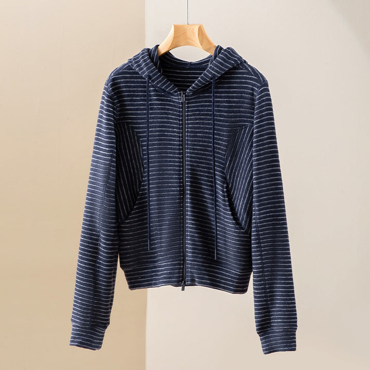 Women's Knitted Zip-Up Hoodie with Fine Stripe Pattern Mune Fashion