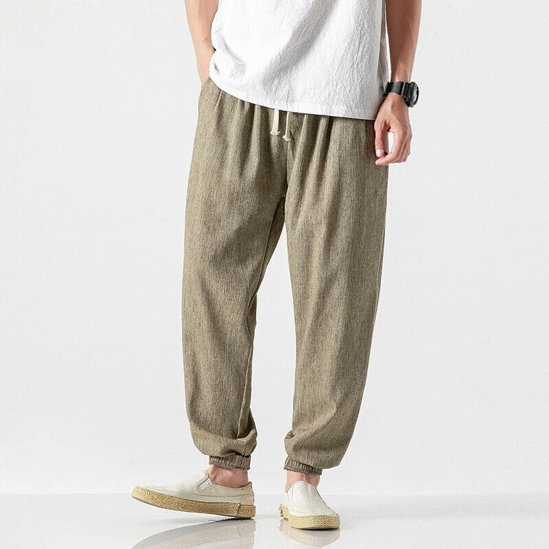 Men's Casual Linen Blend Jogging Pants with Drawstring, Ribbed Textured Fabric and Elastic Cuffs Mune Fashion