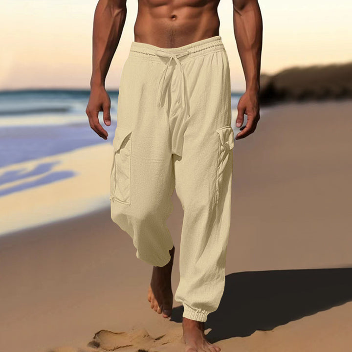 Men's airy linen blend beach pants with cargo pockets and elastic hem Mune Fashion