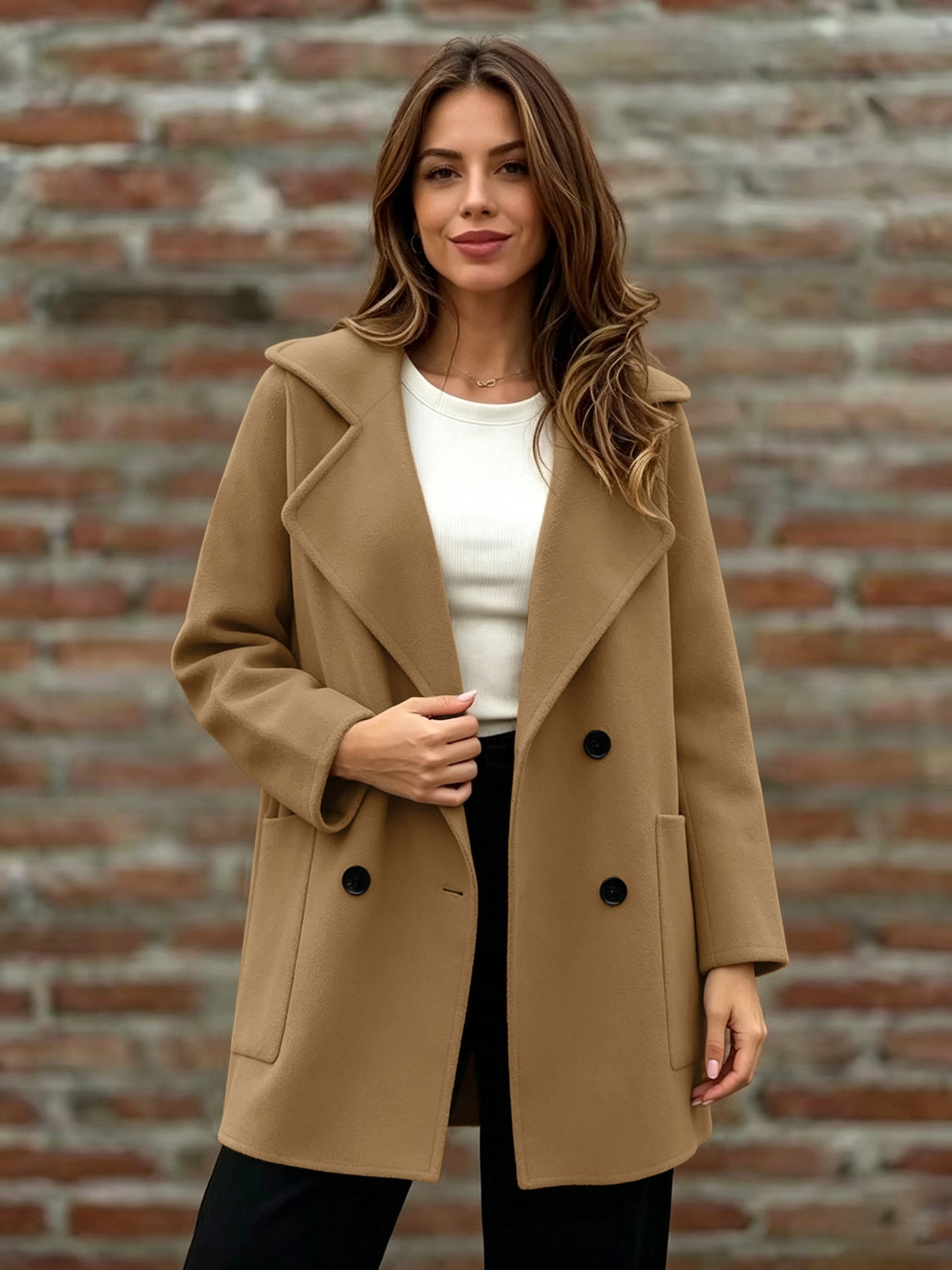 Women's Double-Breasted Wool Coat with Oversized Lapels Mune Fashion