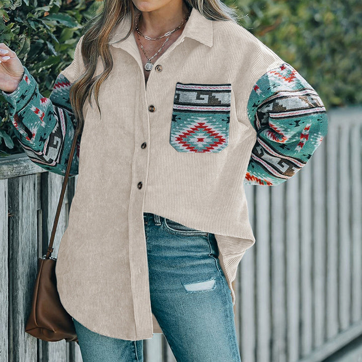 Women's cord shirt jacket with patterned knitted sleeves and patch chest pocket Mune Fashion