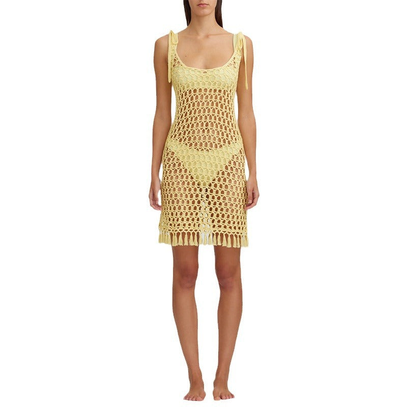 Women's transparent crochet beach cover-up with fringes Mune Fashion