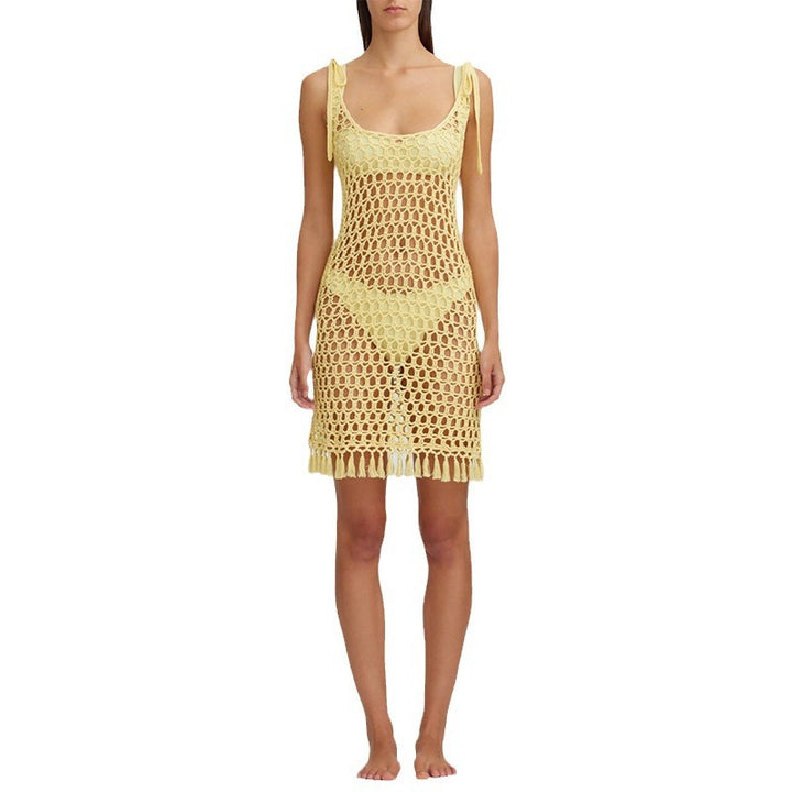 Women's transparent crochet beach cover-up with fringes Mune Fashion