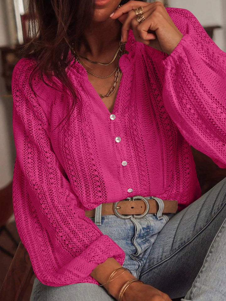 Ladies' crochet blouse with button placket and balloon sleeves Mune Fashion