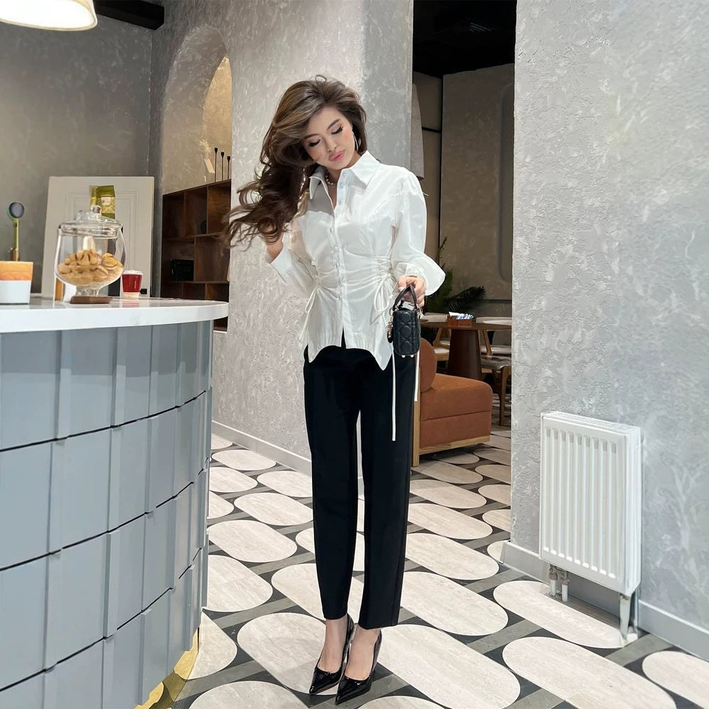 Women's Tailored Shirt Blouse with Drawstring Waist & Extra Long Cuffs Mune Fashion