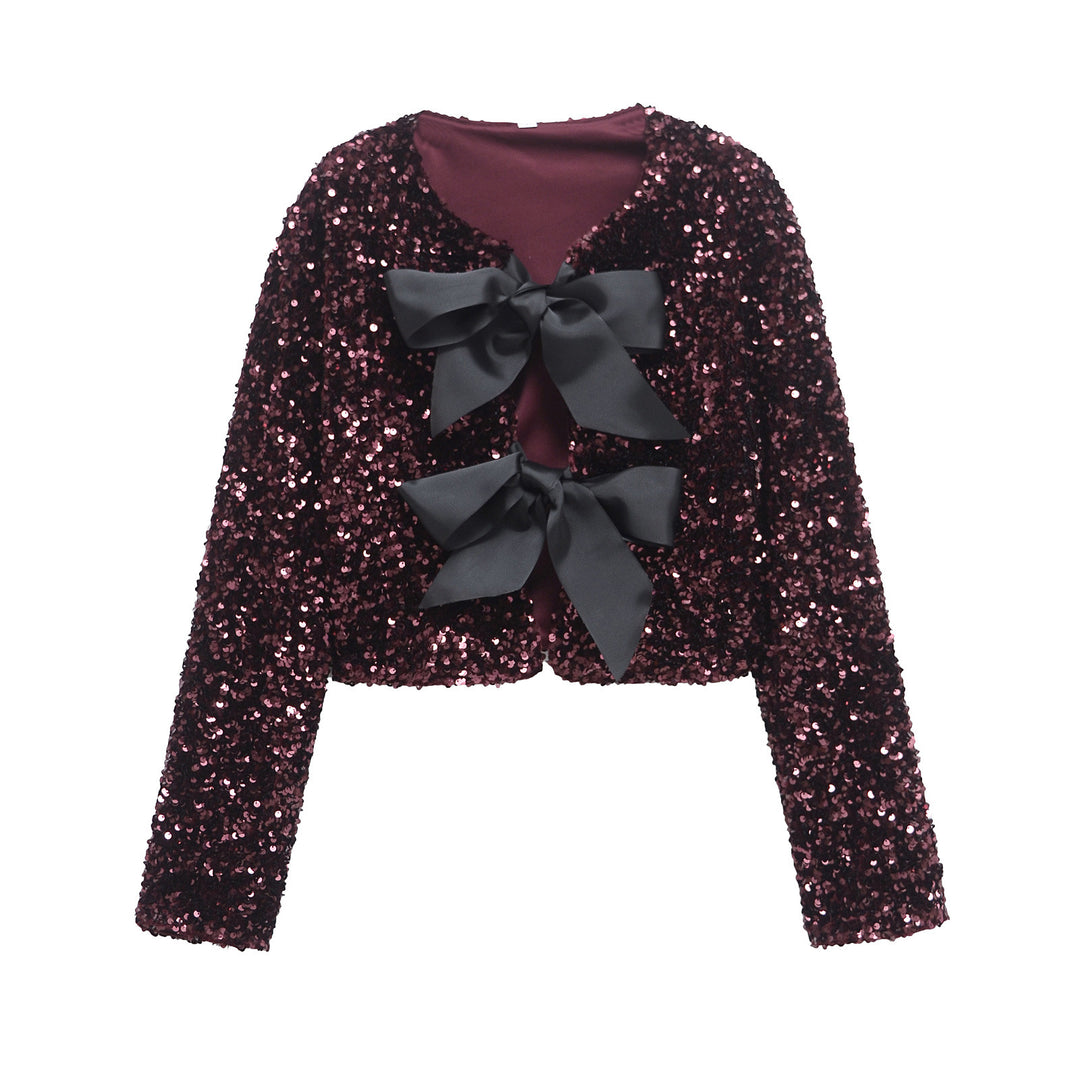 Women's sequin bolero jacket with double bow closure, padded lining and fitted cropped cut Mune Fashion