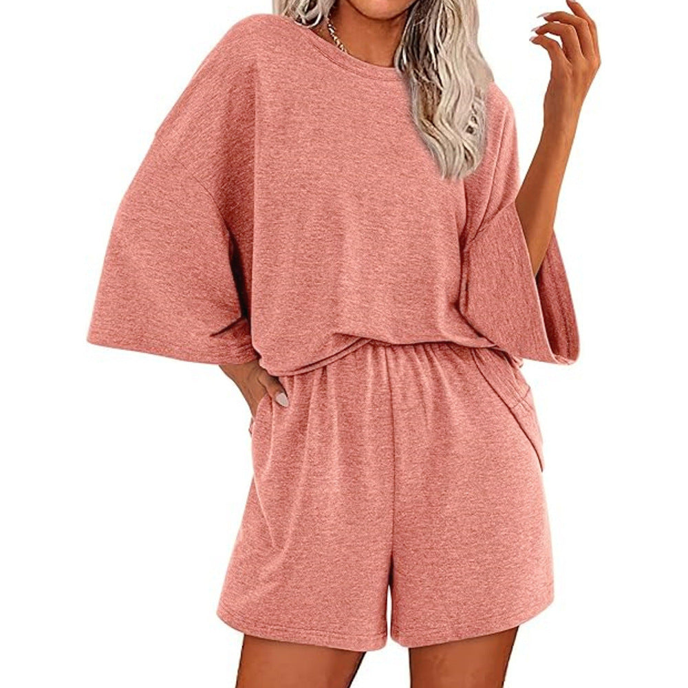 Women's Oversized Batwing Short-Sleeve Lounge Top and Elastic-Waist Shorts Set Mune Fashion