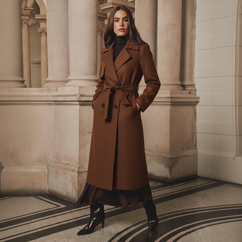 Women’s Long Tailored Wool Coat with Double-Breasted Button Placket and Tied Belt Mune Fashion