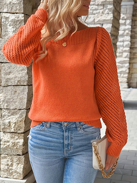 Women's fine knit sweater with ajour puff sleeves and bateau neckline Mune Fashion