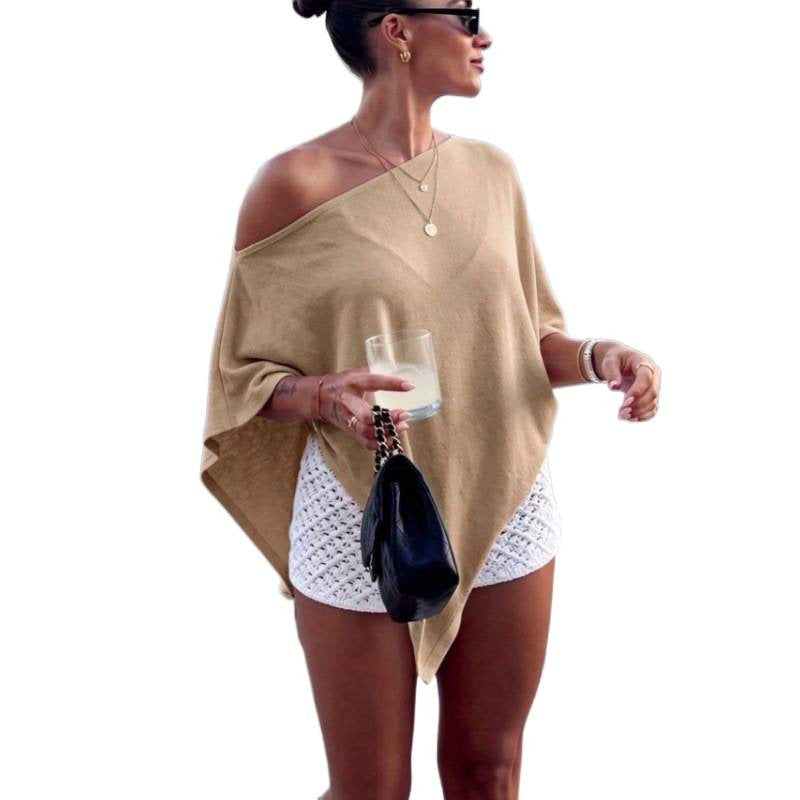 Women's Asymmetric Off-Shoulder Poncho Top made of lightweight knit Drune