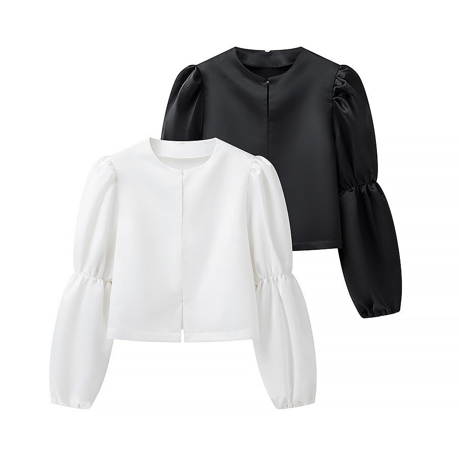 Ladies Glossy Satin Blouse with Voluminous Puff Sleeves Mune Fashion