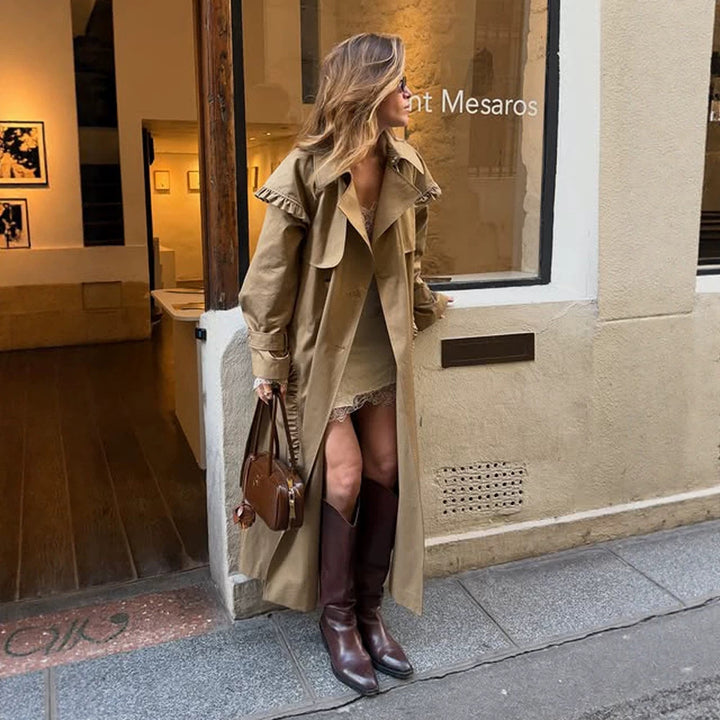 Women's maxi long trench coat with flounce shoulder cape and adjustable cuffs Mune Fashion