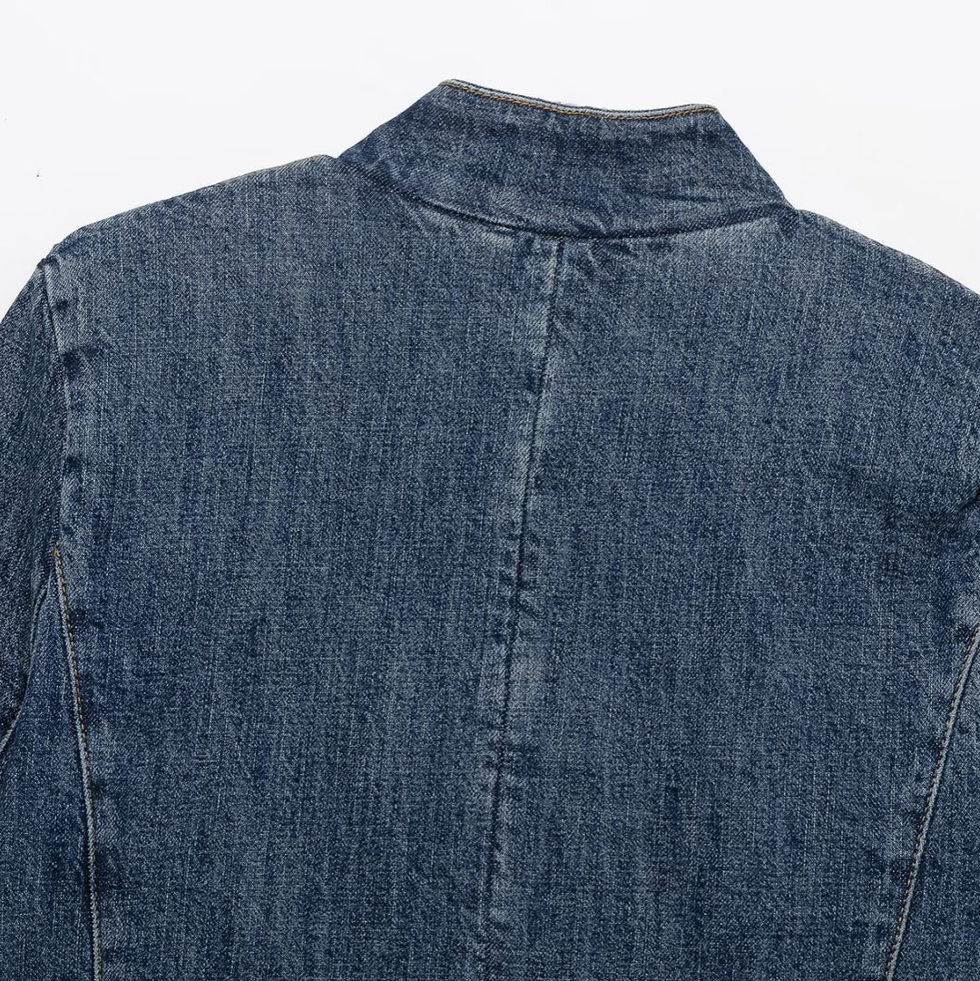Women's Cropped Denim Jacket in Boxy Cut with Stand Collar and Concealed Button Placket Mune Fashion