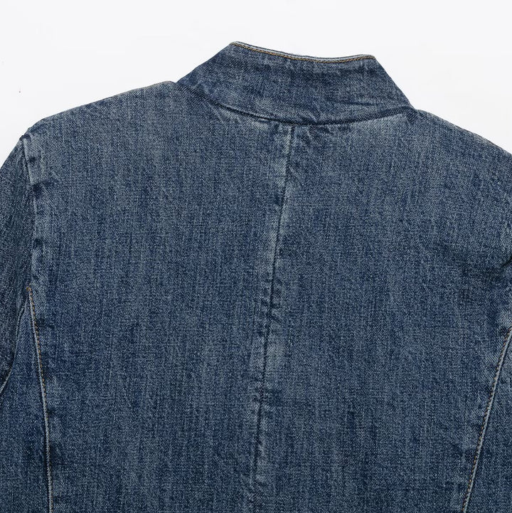 Women's Cropped Denim Jacket in Boxy Cut with Stand Collar and Concealed Button Placket Mune Fashion