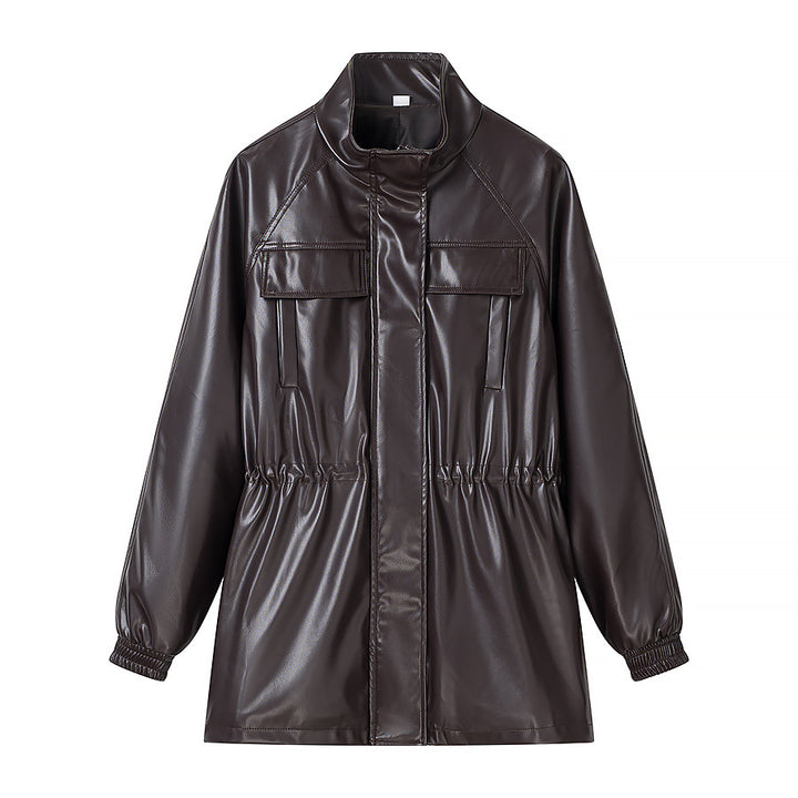 Women's faux leather parka with drawstring waist, stand-up collar, and flap pockets Mune Fashion