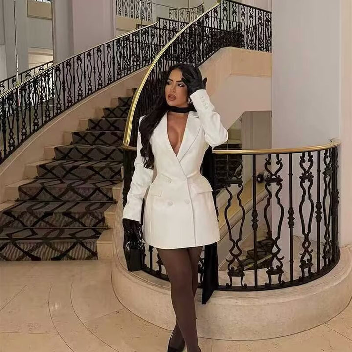 Women's Double-Breasted Longline Blazer with Waist Darts and Flap Pockets Mune Fashion