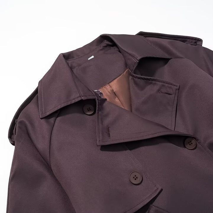 Women's Longer Tailored Trench Coat with Tie Belt and Double Row Mune Fashion