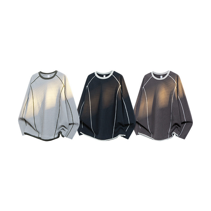 Men's waffle structure long sleeve shirt in oversized cut with contrast flatlock seams and round neckline Drune