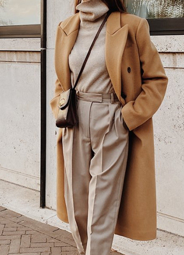 Ladies long cut double-breasted wool blend coat with wide silhouette Mune Fashion