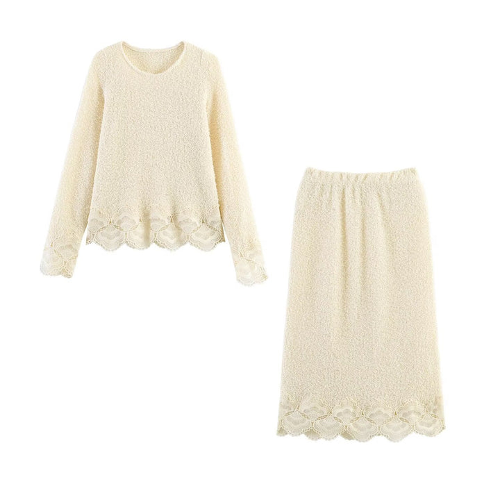 Women Boucle Knit Sweater with Lace Trim and Wavy Hem Mune Fashion