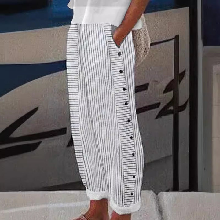 Women Lightweight Striped Trousers with Side Button Plackets and Elastic Waistband Mune Fashion