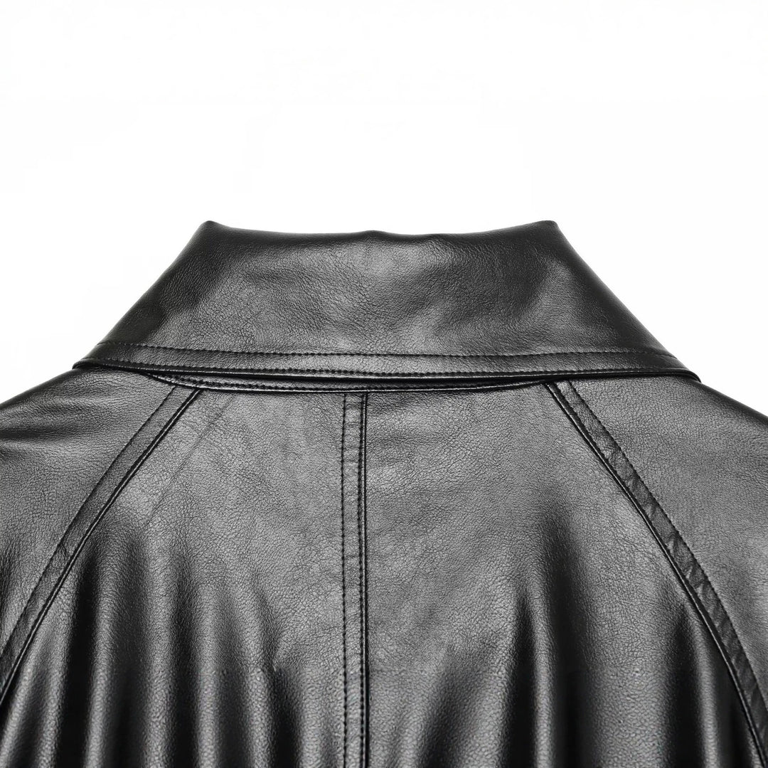 Women's Cropped Faux Leather Jacket with Wide Funnel Collar and Double-Breasted Button Placket Mune Fashion