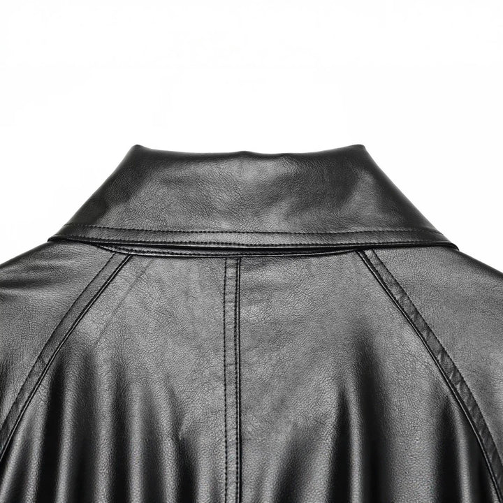 Women's Cropped Faux Leather Jacket with Wide Funnel Collar and Double-Breasted Button Placket Mune Fashion