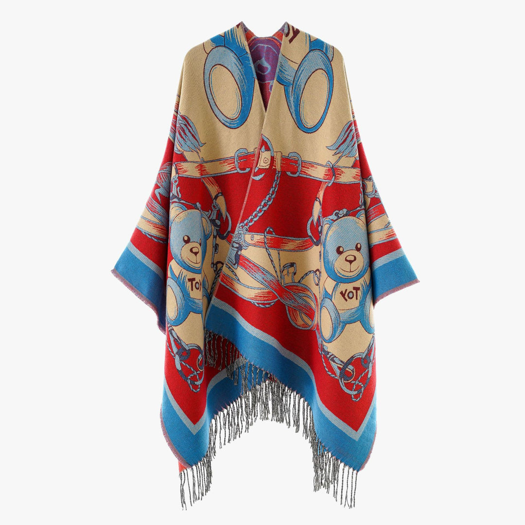Women's Jacquard-Cape Poncho with Teddy Motif, Oversized Silhouette and Fringe Hem Mune Fashion