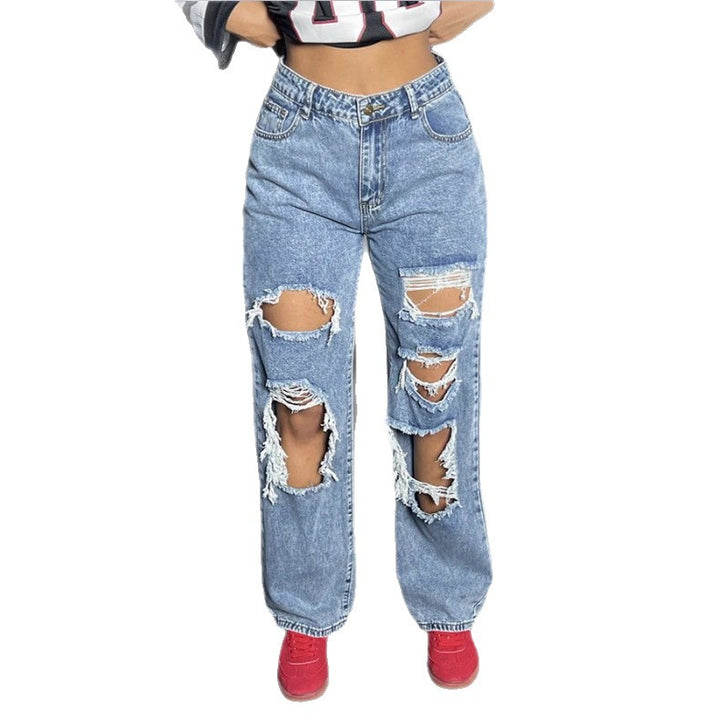 Womens High-Waisted Destroyed Baggy Jeans with Wide Leg and Knee Rips Mune Fashion