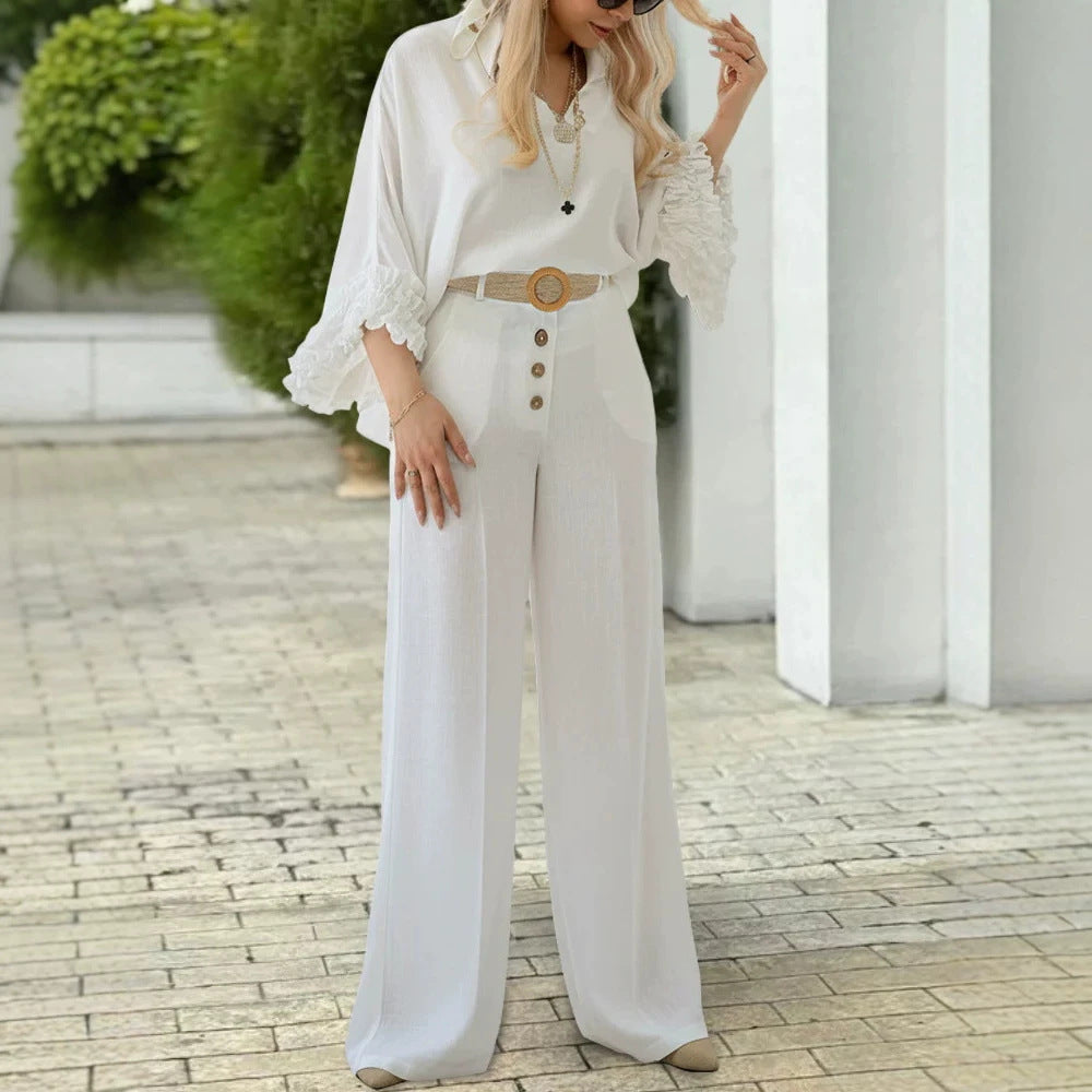 Women's High-Waisted Palazzo Pants with Button Placket and Side Pockets Drune