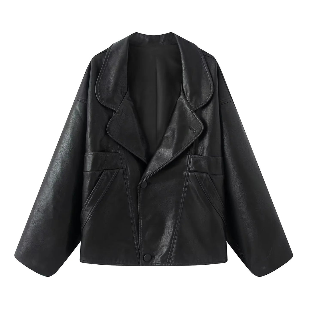 Ladies nan kastiger leather imitation blouson with overlapping shawl collar and diagonally inserted pockets Mune Fashion