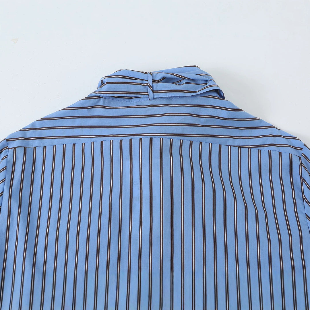 Women Striped Bow Blouse with Chest Pocket and Continuous Button Placket Mune Fashion
