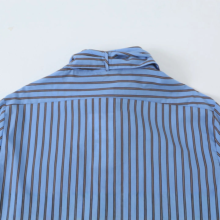 Women Striped Bow Blouse with Chest Pocket and Continuous Button Placket Mune Fashion
