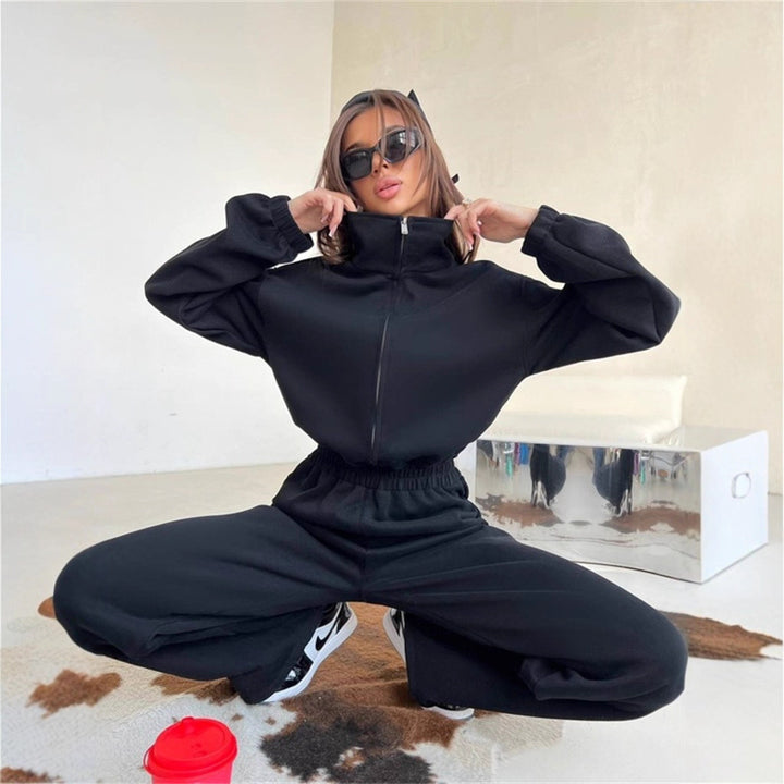 Women's Relaxed Loungewear Set with Half-Zip Stand Collar and High-Waisted Wide-Leg Jogging Pants Mune Fashion