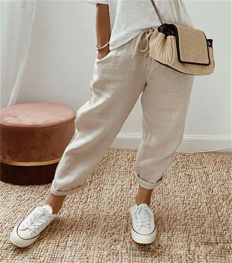 Women's lightweight linen pants with drawstring, loose pleat fit, and rolled ankle hem Mune Fashion