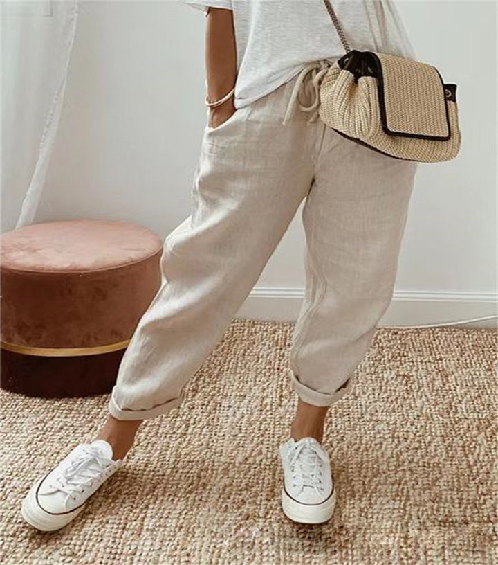 Women's lightweight linen pants with drawstring, loose pleat fit, and rolled ankle hem Mune Fashion