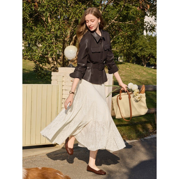 Women Tailored Utility Leather Blouson with Tie Belt and Patch Chest Pockets Mune Fashion