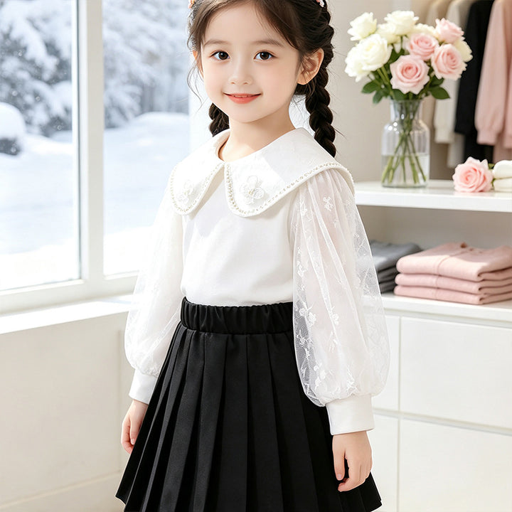 Girl's blouse with elegant tulle collar and floral appliqués Mune Fashion