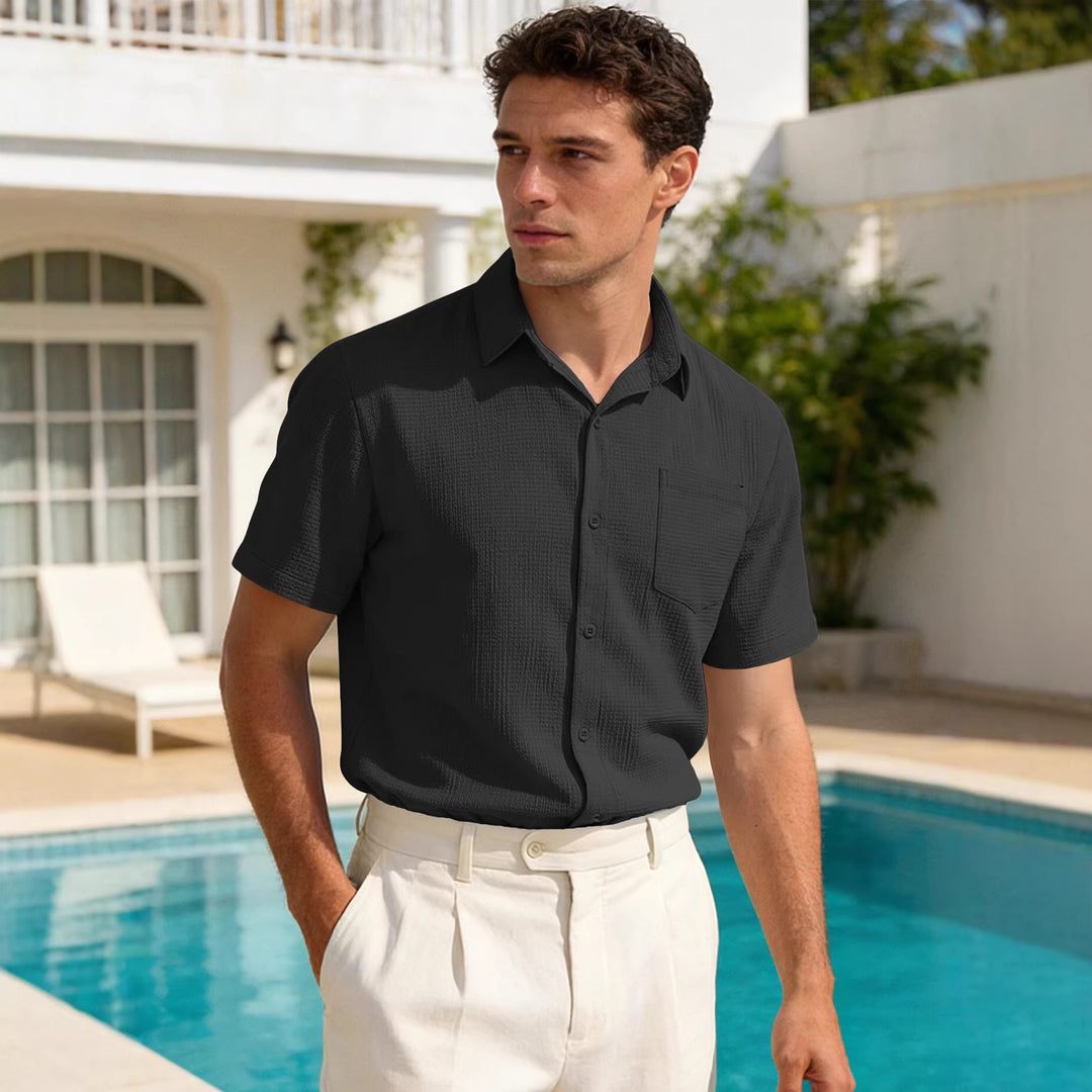 Men's short-sleeve shirt in textured cotton yarn look with Kent collar and applied breast pocket Mune Fashion