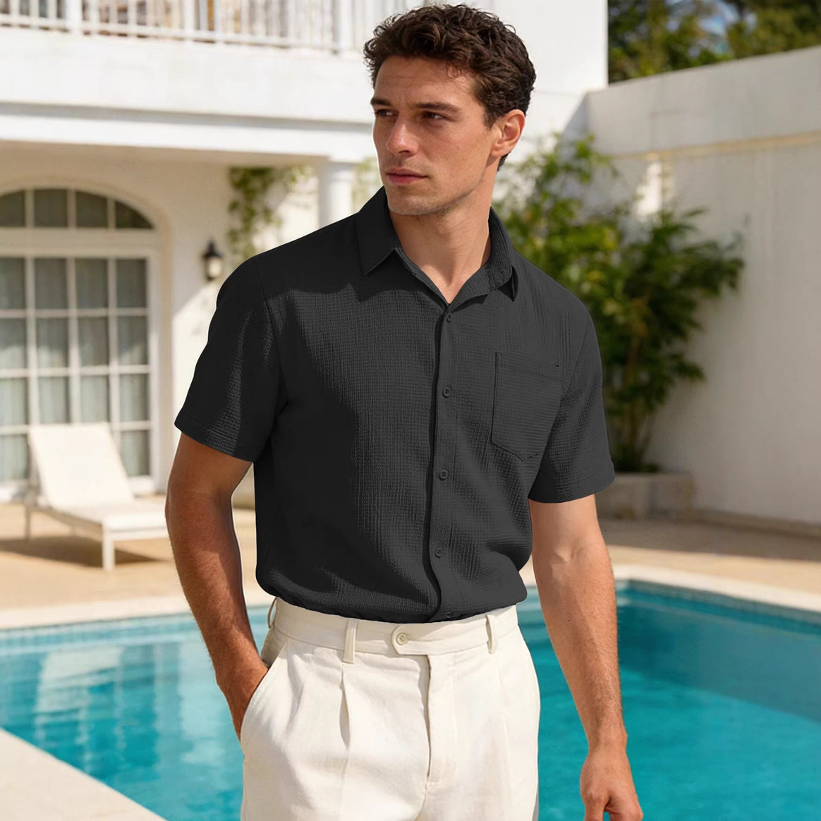 Men's short-sleeve shirt in textured cotton yarn look with Kent collar and applied breast pocket Mune Fashion