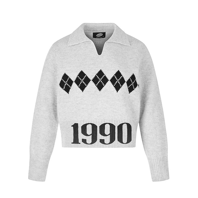 Women’s Cropped Knit Sweater with Polo Collar, Ribbed Hem and Argyle Pattern Mune Fashion