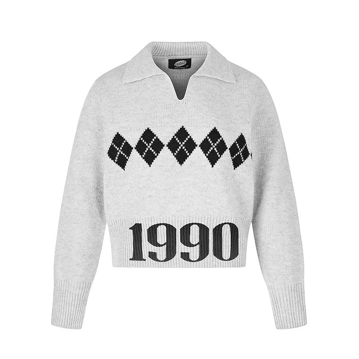 Women’s Cropped Knit Sweater with Polo Collar, Ribbed Hem and Argyle Pattern Mune Fashion