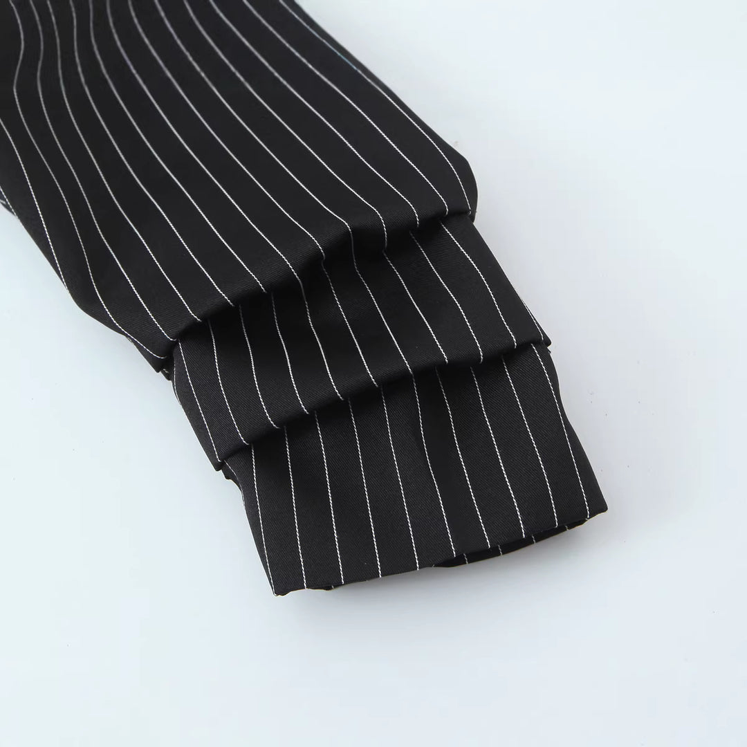 Women's Double-Breasted Pinstripe Blazer with Structured Shoulder Yoke Mune Fashion