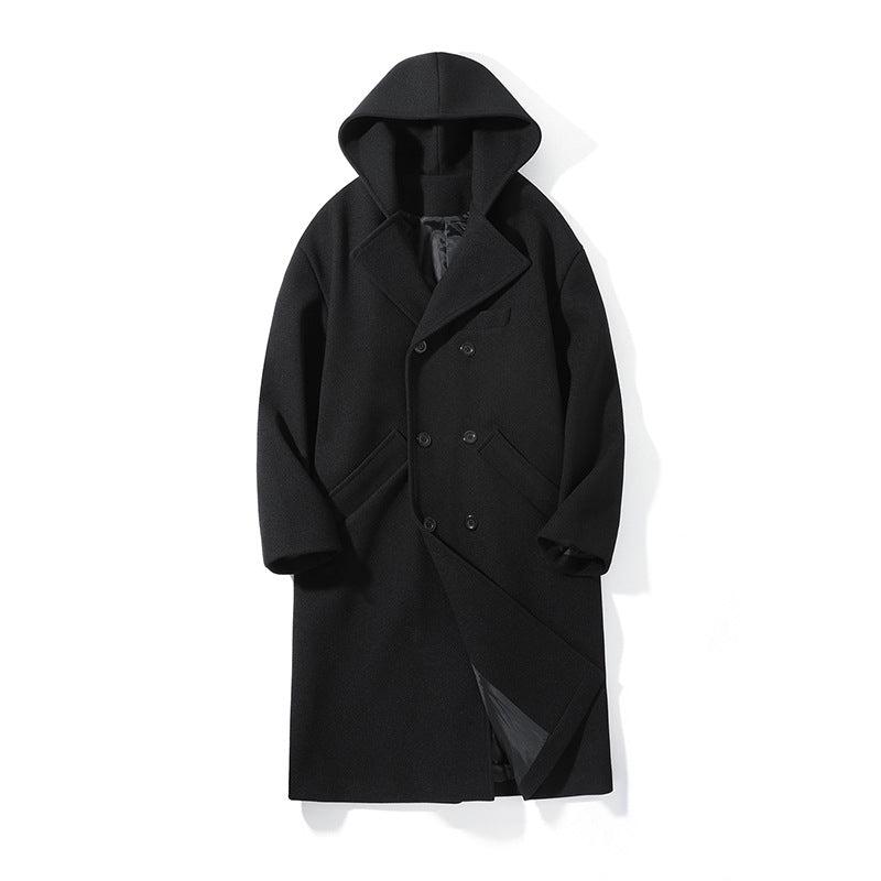 Men's nan Oversize pea coat with hood, double-breasted button placket, and warming quilted lining inside Mune Fashion