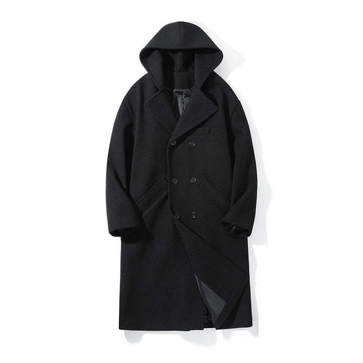 Men's nan Oversize pea coat with hood, double-breasted button placket, and warming quilted lining inside Mune Fashion