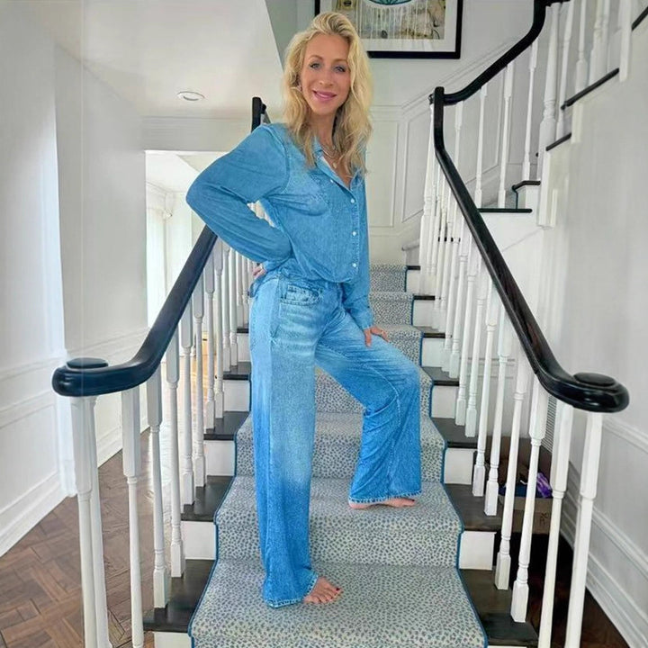 Women Relaxed Denim Loungewear Set with Oversized Shirt and Wide Flare Pants Mune Fashion