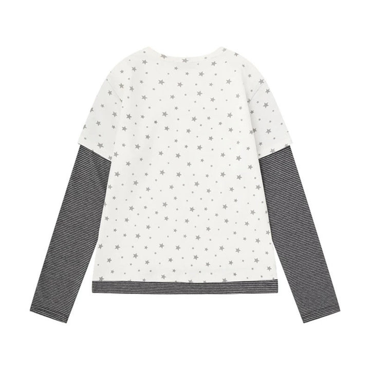Women's Layered Long Sleeve Shirt with Allover Stars, Striped Insert Sleeves and Comic Bunny Front Print Mune Fashion